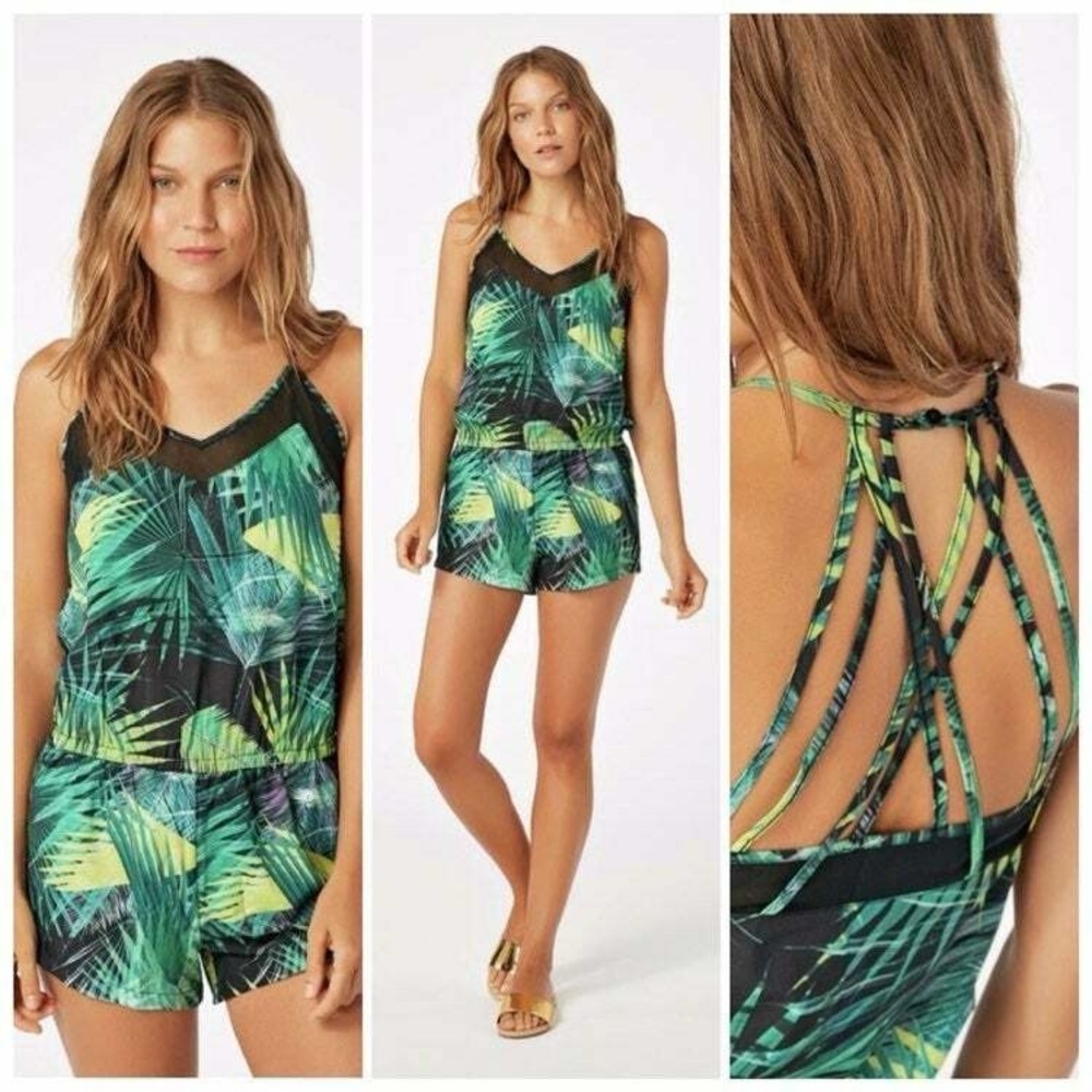 Fabletics Dash Shorts Romper Sz XL Green Palm Leaf‎ Hawaiian Tropical Vacation